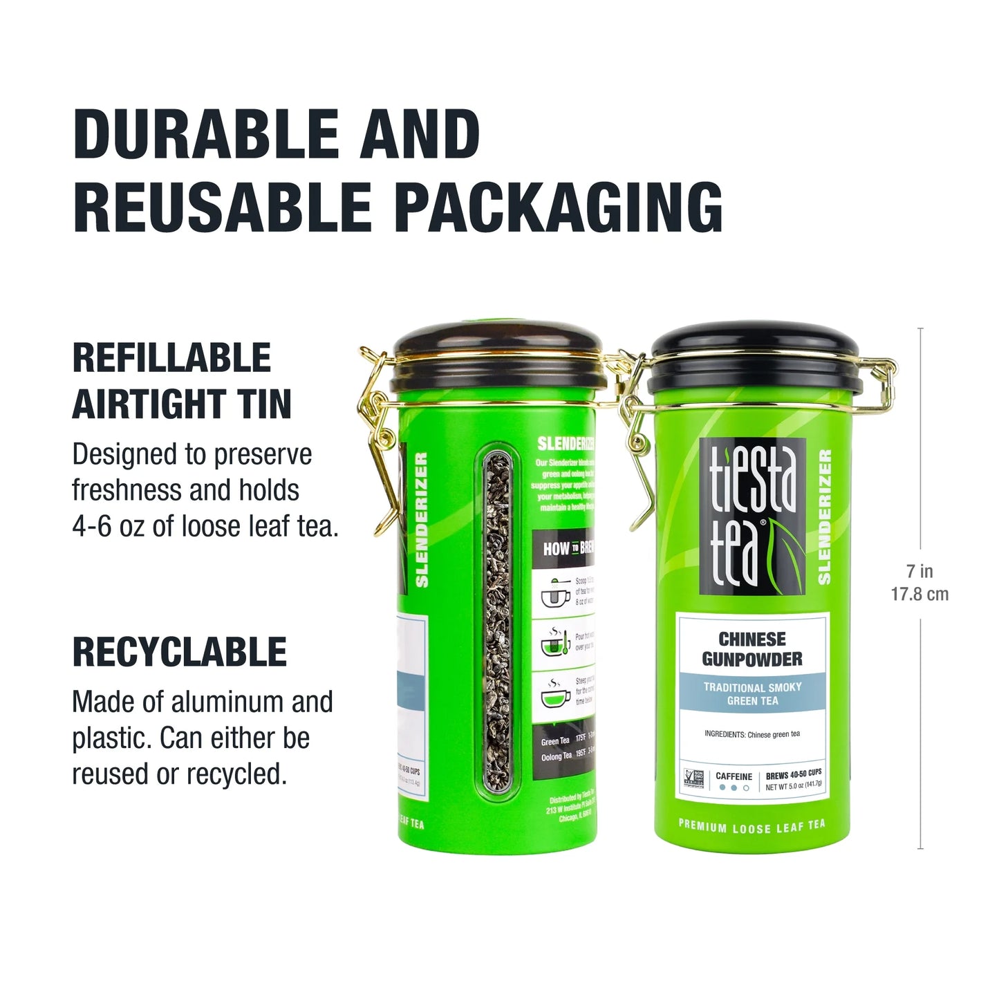 - Chinese Gunpowder, Slenderizer Loose Leaf Green Tea, Traditional Smoky Green Tea, Medium Caffeine, Gmo-Free, Make Hot or Iced Tea & Brews up to 50 Cups - 5 Ounce Refillable Tin