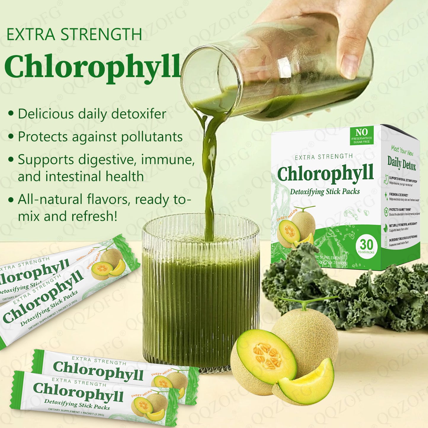 Chlorophyll Stick Pack Herbal Detox Supplement For Gut Health Super Green Powder Sweet Melon Flavor
