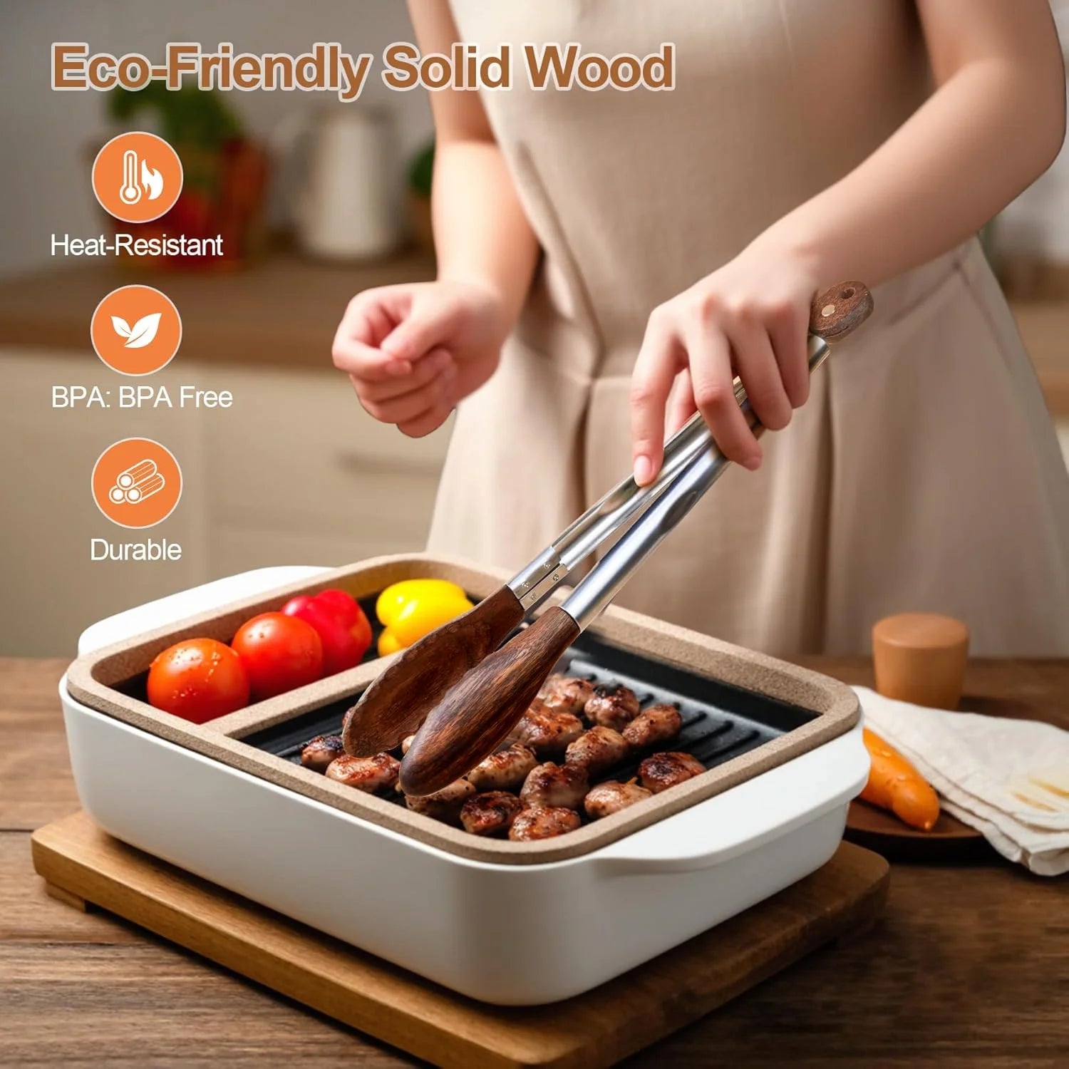 2 Pcs Kitchen Wooden Tongs for Cooking - Nonstick Kitchen Salad Tongs for Serving Food, Grilling, Cooking, BBQ and Tossing Salad - Made of Natural Walnut Wood, Size 9 & 12 Inch