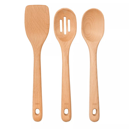 OXO 3Pc Wooden Utensil Set: Turner, Spoon & Slotted Spoon for Cooking & Kitchen Use, Hand Wash, Adult, Brown