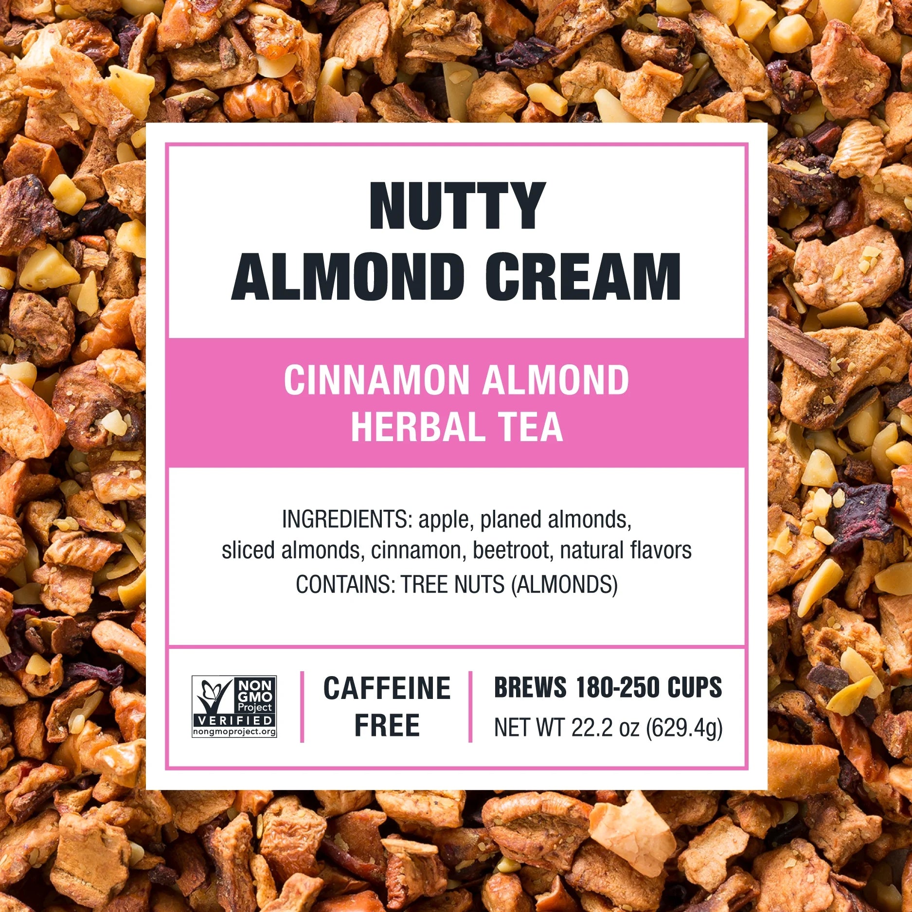 - Nutty Almond Cream, Relaxer Loose Leaf Fruit Tea, Caffeine Free, Gmo-Free, Make Hot or Iced Tea & Brews up to 50 Cups - 16Oz Bulk Pouch & 6.2Oz Refillabletin Combo
