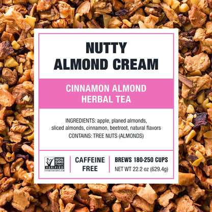 - Nutty Almond Cream, Relaxer Loose Leaf Fruit Tea, Caffeine Free, Gmo-Free, Make Hot or Iced Tea & Brews up to 50 Cups - 16Oz Bulk Pouch & 6.2Oz Refillabletin Combo