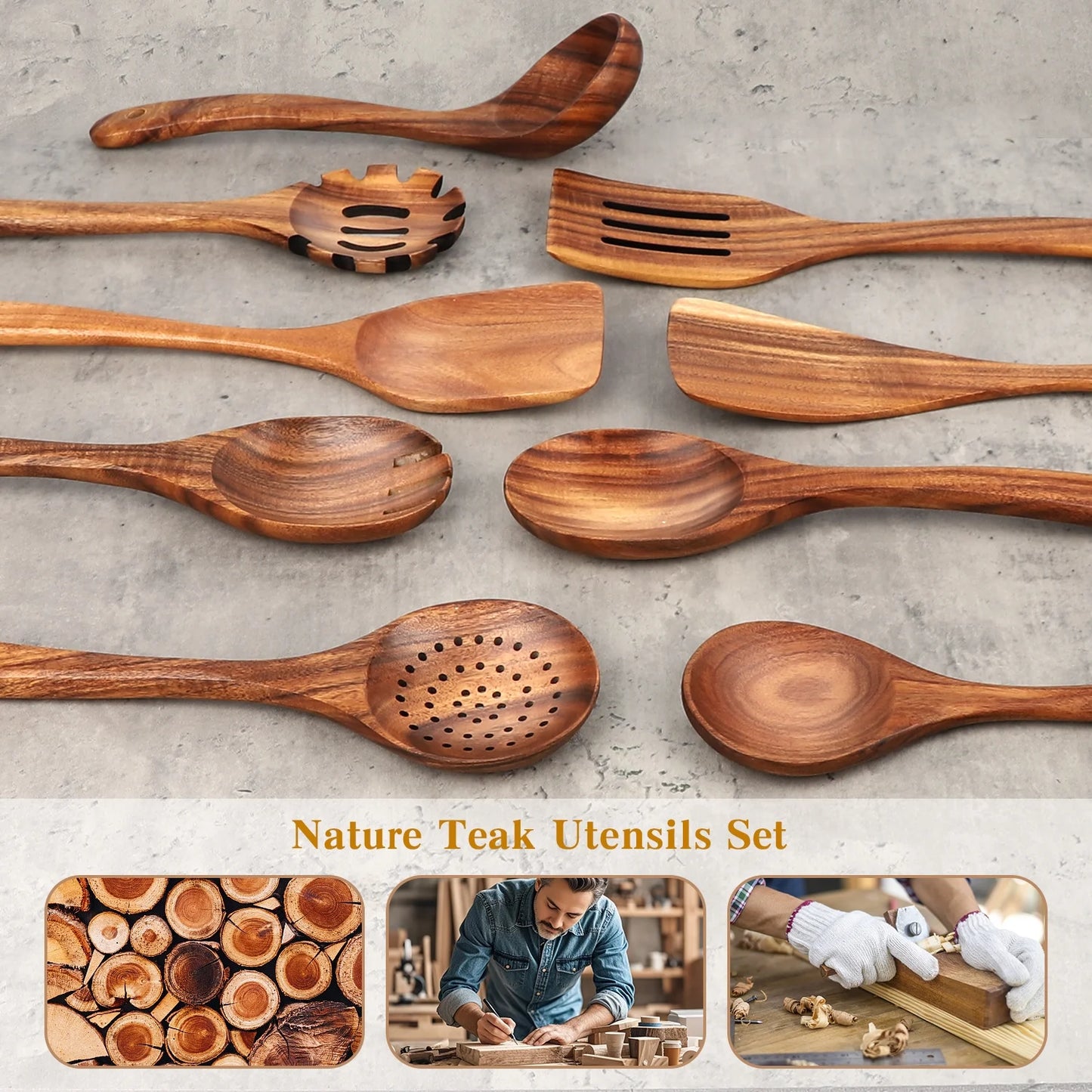 Natural Teak Wood Kitchen Utensils Set, 9 Piece Thickened Wooden Spoons and Spatula for Cooking, Non-Stick Heat Resistant Cookware, Brown