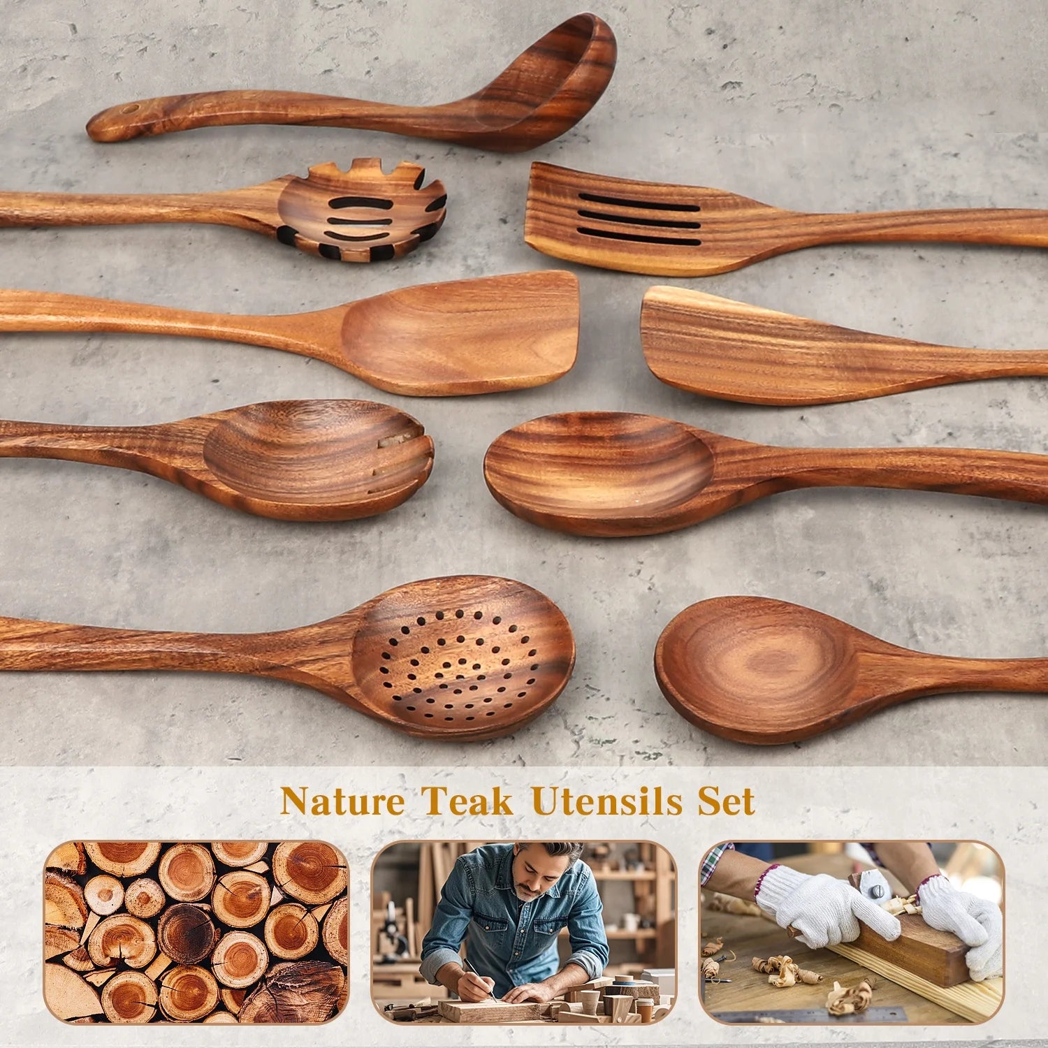 Natural Teak Wood Kitchen Utensils Set, 9 Piece Thickened Wooden Spoons and Spatula for Cooking, Non-Stick Heat Resistant Cookware, Brown