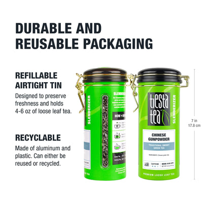- Chinese Gunpowder, Slenderizer Loose Leaf Green Tea, Traditional Smoky Green Tea, Medium Caffeine, Gmo-Free, Make Hot or Iced Tea & Brews up to 50 Cups - 5 Ounce Refillable Tin