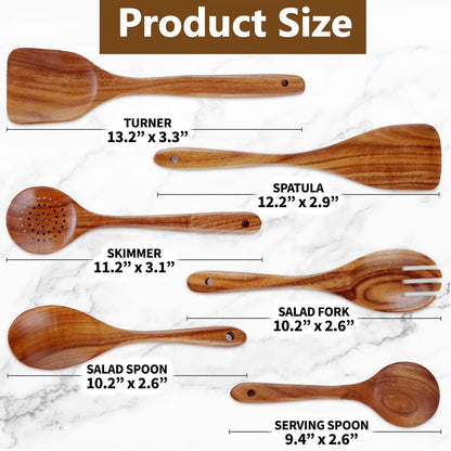 Wooden Spoons for Cooking, Non-Stick Teak Wooden Cooking Utensils Set with Hooks, Wooden Kitchen Utensils for Everyday Baking,Cooking