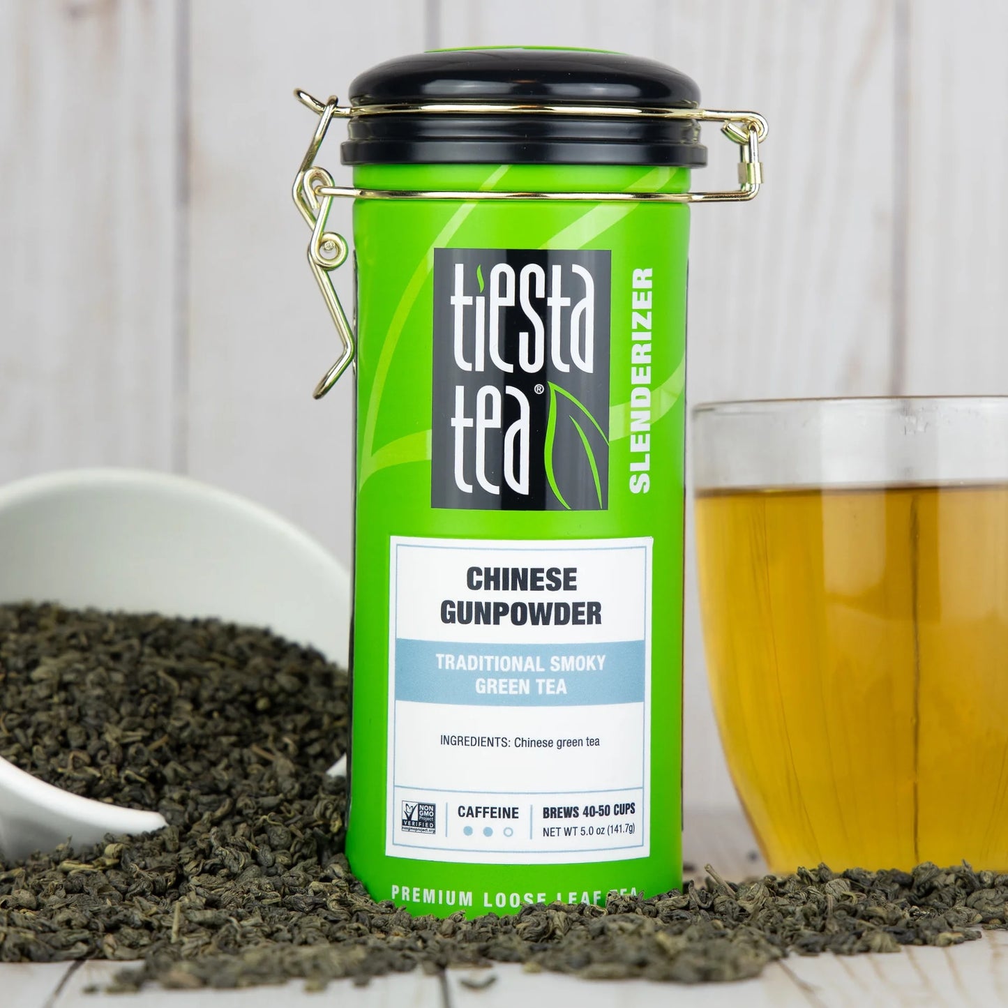 - Chinese Gunpowder, Slenderizer Loose Leaf Green Tea, Traditional Smoky Green Tea, Medium Caffeine, Gmo-Free, Make Hot or Iced Tea & Brews up to 50 Cups - 5 Ounce Refillable Tin