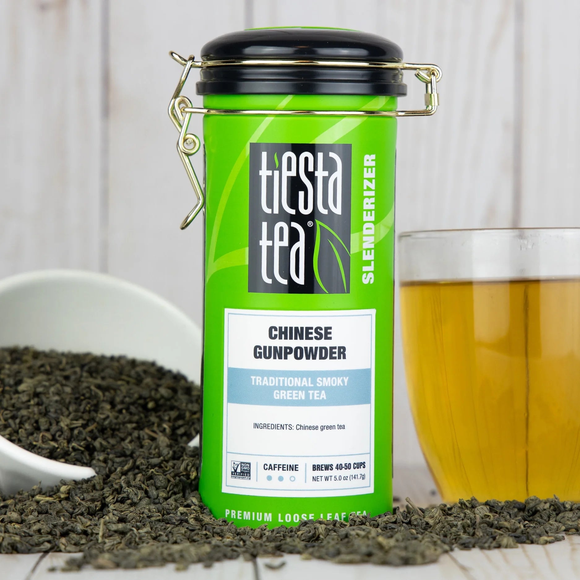 - Chinese Gunpowder, Slenderizer Loose Leaf Green Tea, Traditional Smoky Green Tea, Medium Caffeine, Gmo-Free, Make Hot or Iced Tea & Brews up to 50 Cups - 5 Ounce Refillable Tin
