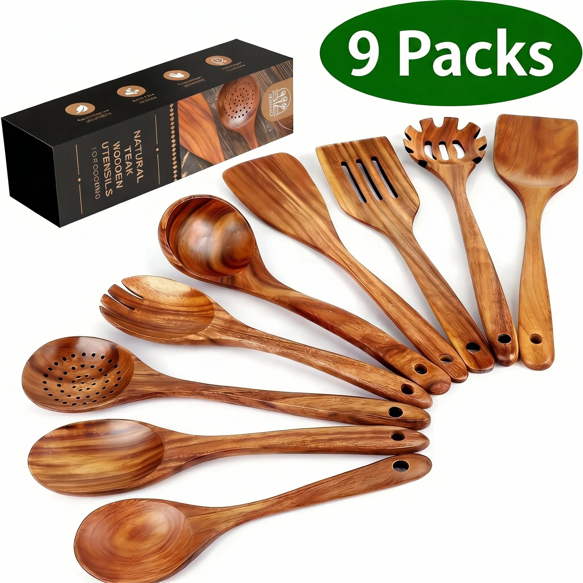 Natural Teak Wood Kitchen Utensils Set, 9 Piece Thickened Wooden Spoons and Spatula for Cooking, Non-Stick Heat Resistant Cookware, Brown
