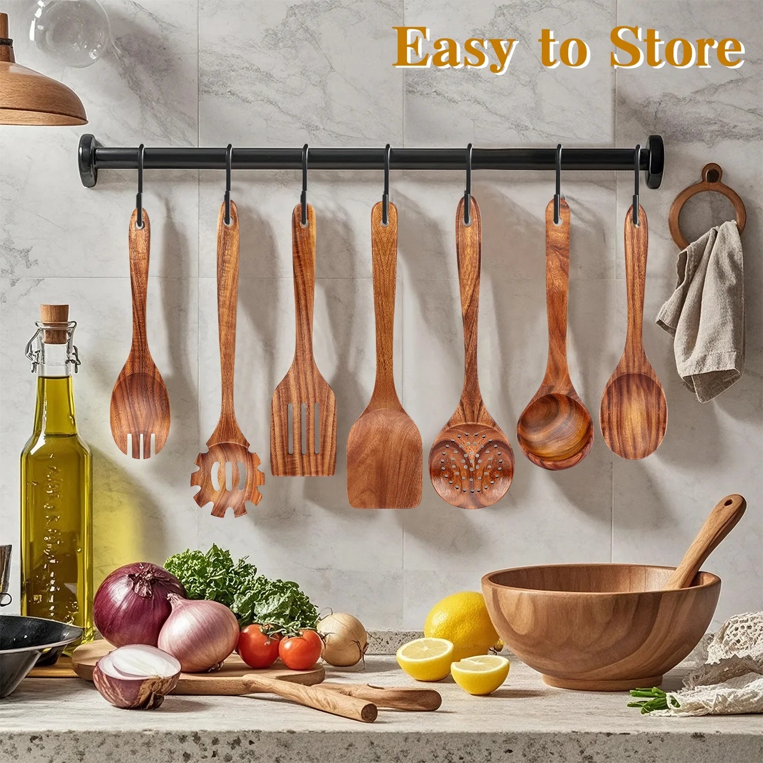 Natural Teak Wood Kitchen Utensils Set, 9 Piece Thickened Wooden Spoons and Spatula for Cooking, Non-Stick Heat Resistant Cookware, Brown