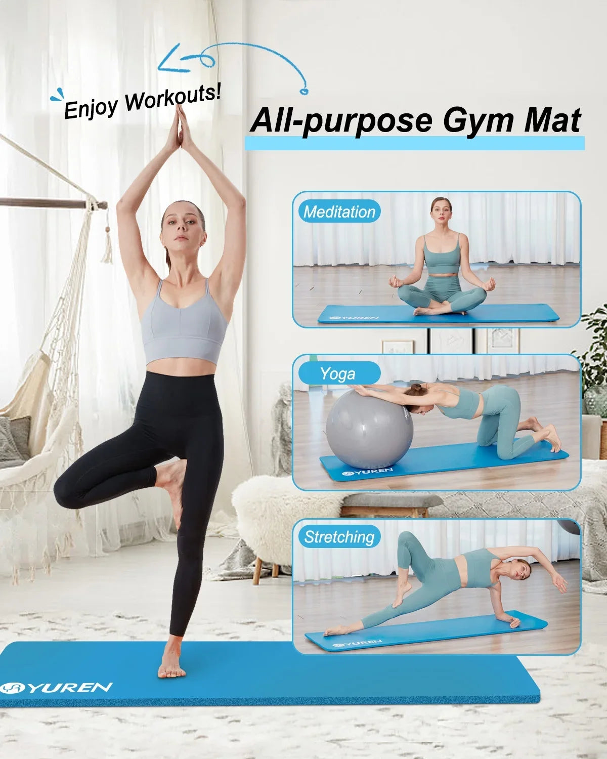 Thick Yoga Mat 15Mm Hi-Density NBR Foam Exercise Mats for Stretching Pilates Fitness, Blue W/ Bag