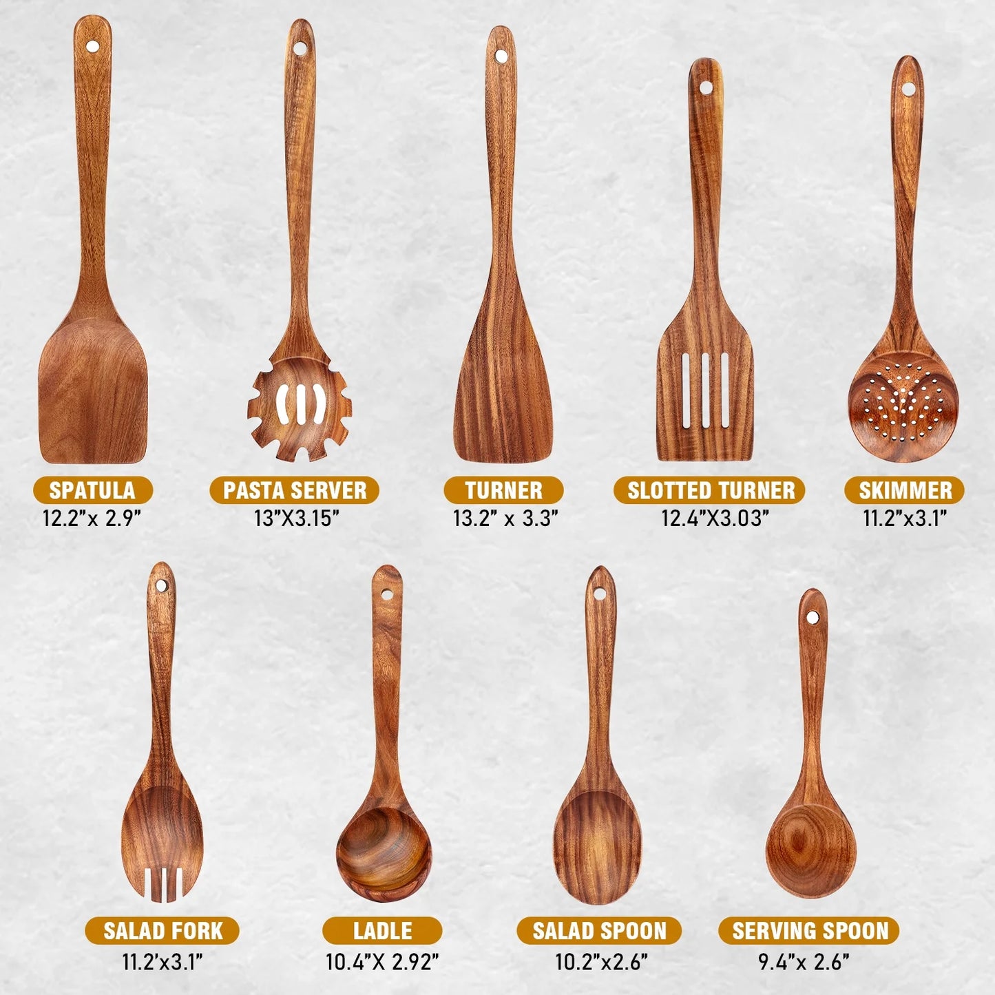 Natural Teak Wood Kitchen Utensils Set, 9 Piece Thickened Wooden Spoons and Spatula for Cooking, Non-Stick Heat Resistant Cookware, Brown