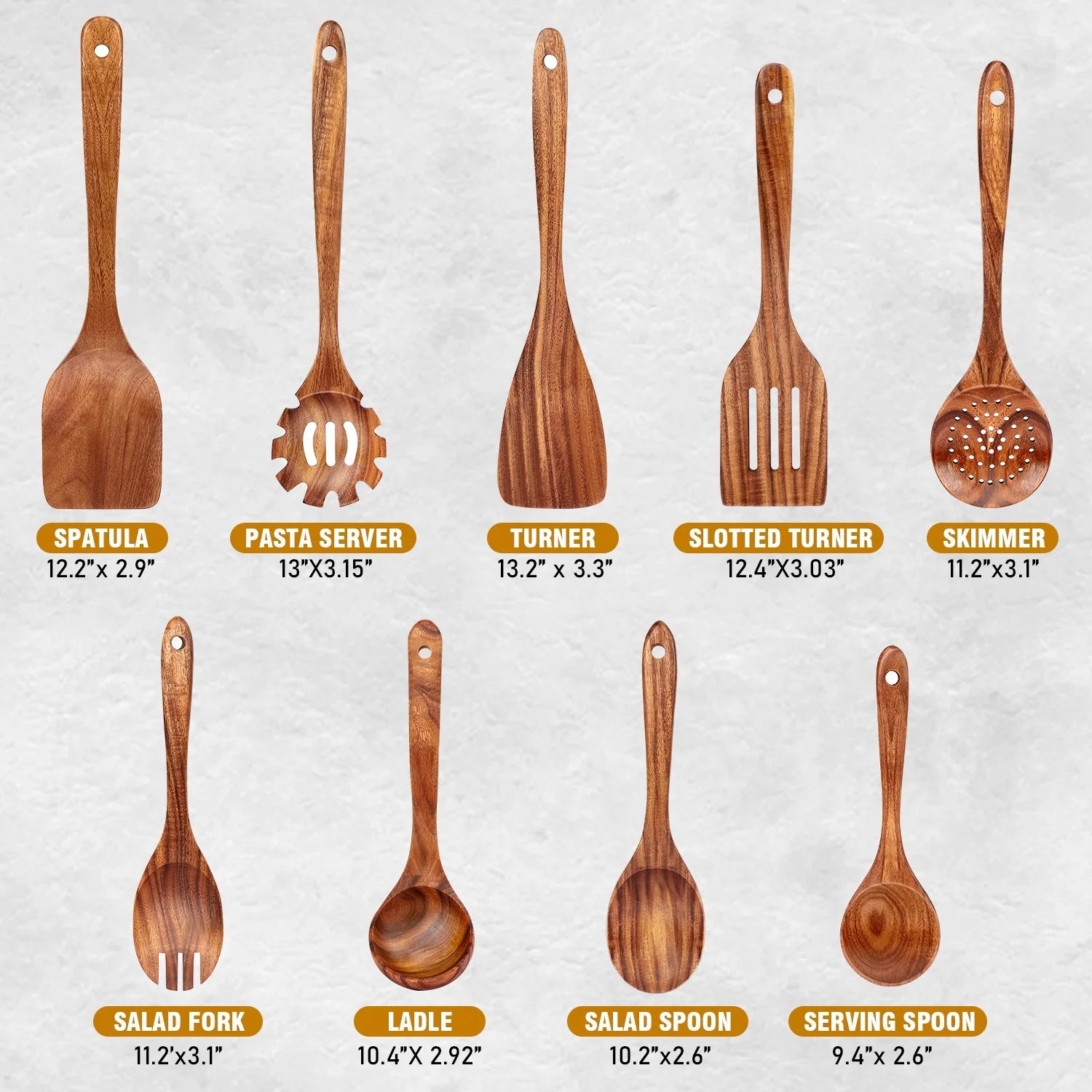 Natural Teak Wood Kitchen Utensils Set, 9 Piece Thickened Wooden Spoons and Spatula for Cooking, Non-Stick Heat Resistant Cookware, Brown