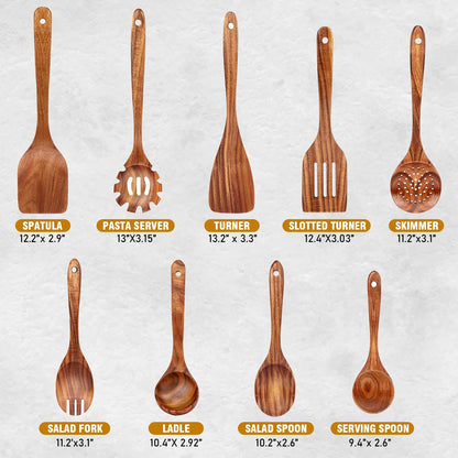 Natural Teak Wood Kitchen Utensils Set, 9 Piece Thickened Wooden Spoons and Spatula for Cooking, Non-Stick Heat Resistant Cookware, Brown