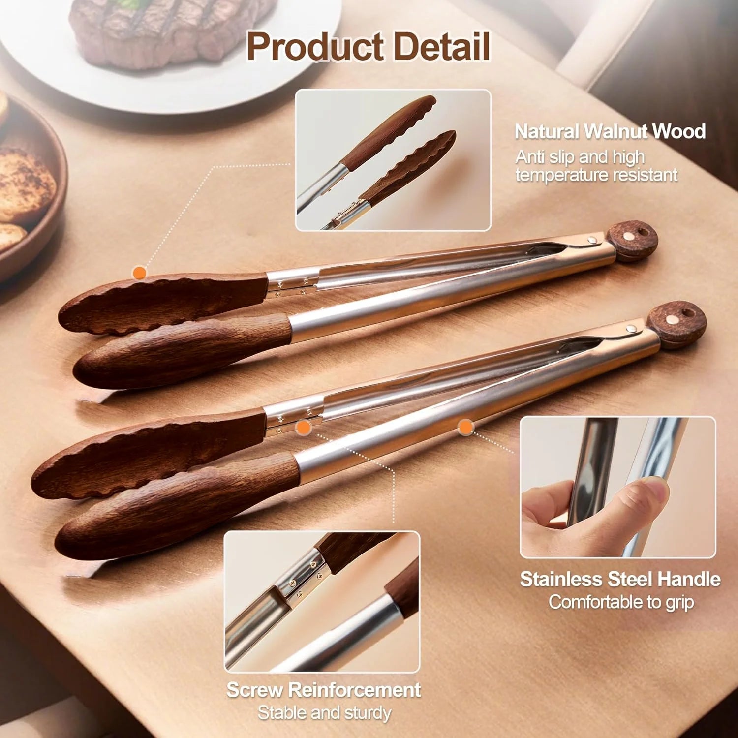 2 Pcs Kitchen Wooden Tongs for Cooking - Nonstick Kitchen Salad Tongs for Serving Food, Grilling, Cooking, BBQ and Tossing Salad - Made of Natural Walnut Wood, Size 9 & 12 Inch
