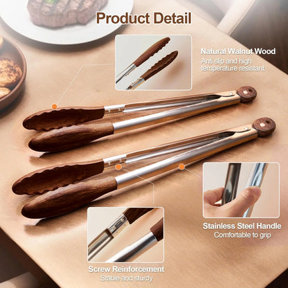 2 Pcs Kitchen Wooden Tongs for Cooking - Nonstick Kitchen Salad Tongs for Serving Food, Grilling, Cooking, BBQ and Tossing Salad - Made of Natural Walnut Wood, Size 9 & 12 Inch