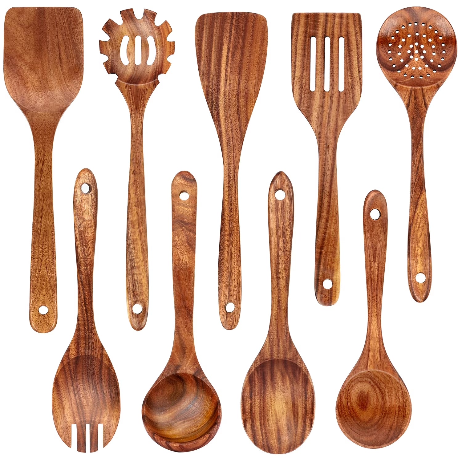 Natural Teak Wood Kitchen Utensils Set, 9 Piece Thickened Wooden Spoons and Spatula for Cooking, Non-Stick Heat Resistant Cookware, Brown