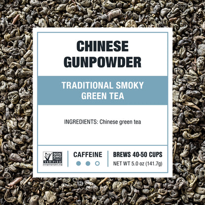 - Chinese Gunpowder, Slenderizer Loose Leaf Green Tea, Traditional Smoky Green Tea, Medium Caffeine, Gmo-Free, Make Hot or Iced Tea & Brews up to 50 Cups - 5 Ounce Refillable Tin
