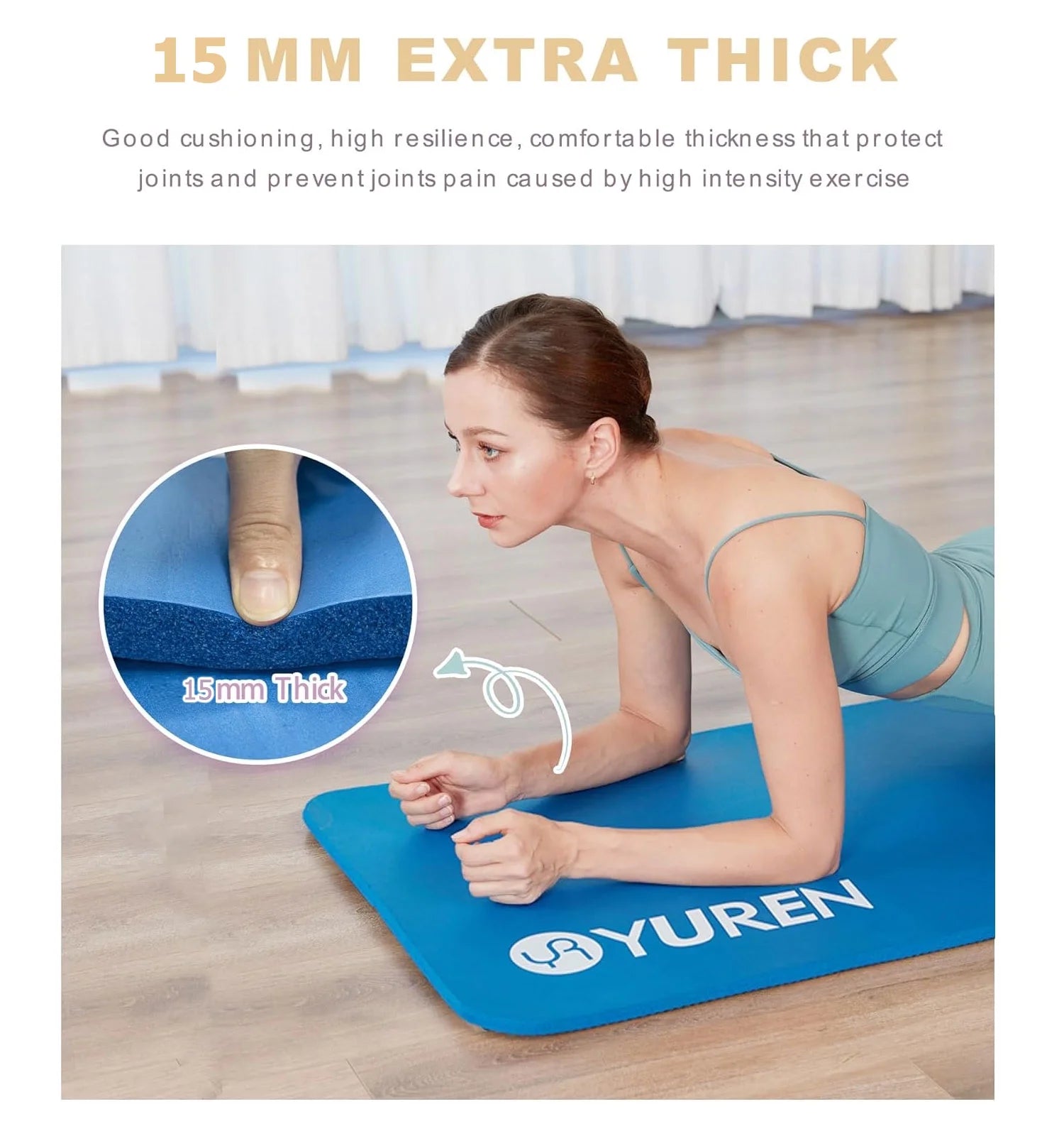 Thick Yoga Mat 15Mm Hi-Density NBR Foam Exercise Mats for Stretching Pilates Fitness, Blue W/ Bag