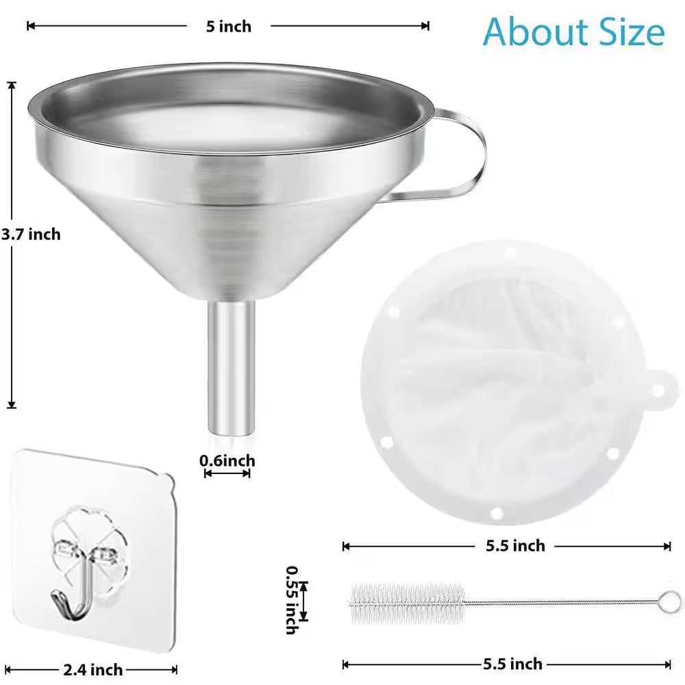 Stainless Steel Funnel with Strainer and 200 Mesh Filter Food Grade Oil Strainer Set of 7 for Kitchen Use