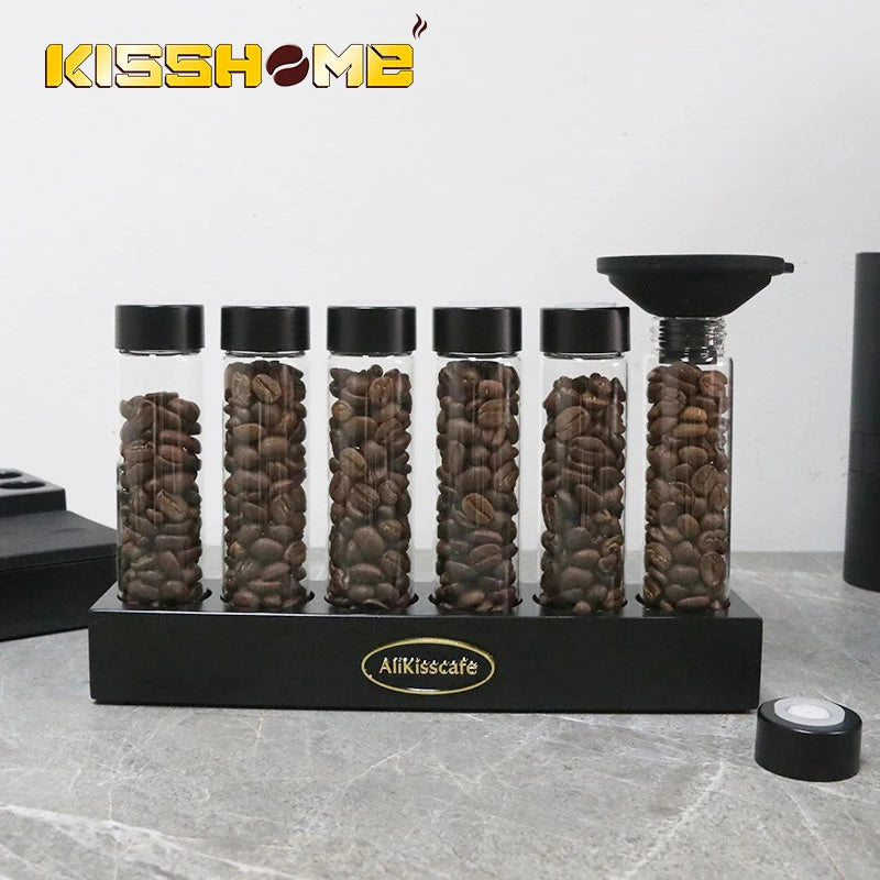 Coffee Beans Storage Container Glass Tube Bottle with Breathable Lid Wooden Display Rack Barista Accessories Coffeware Sets Gift