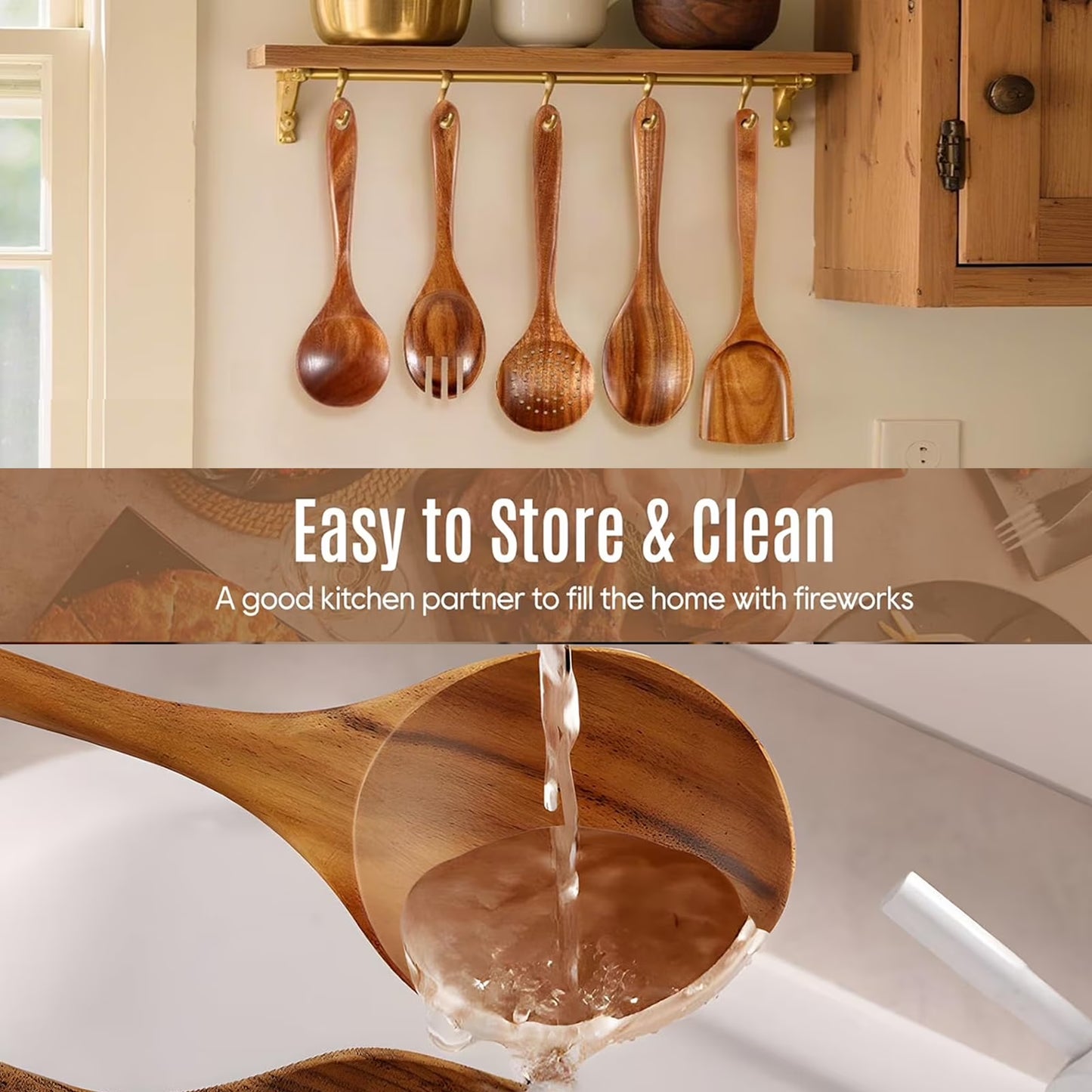 Wooden Spoons for Cooking, Non-Stick Teak Wooden Cooking Utensils Set with Hooks, Wooden Kitchen Utensils for Everyday Baking,Cooking