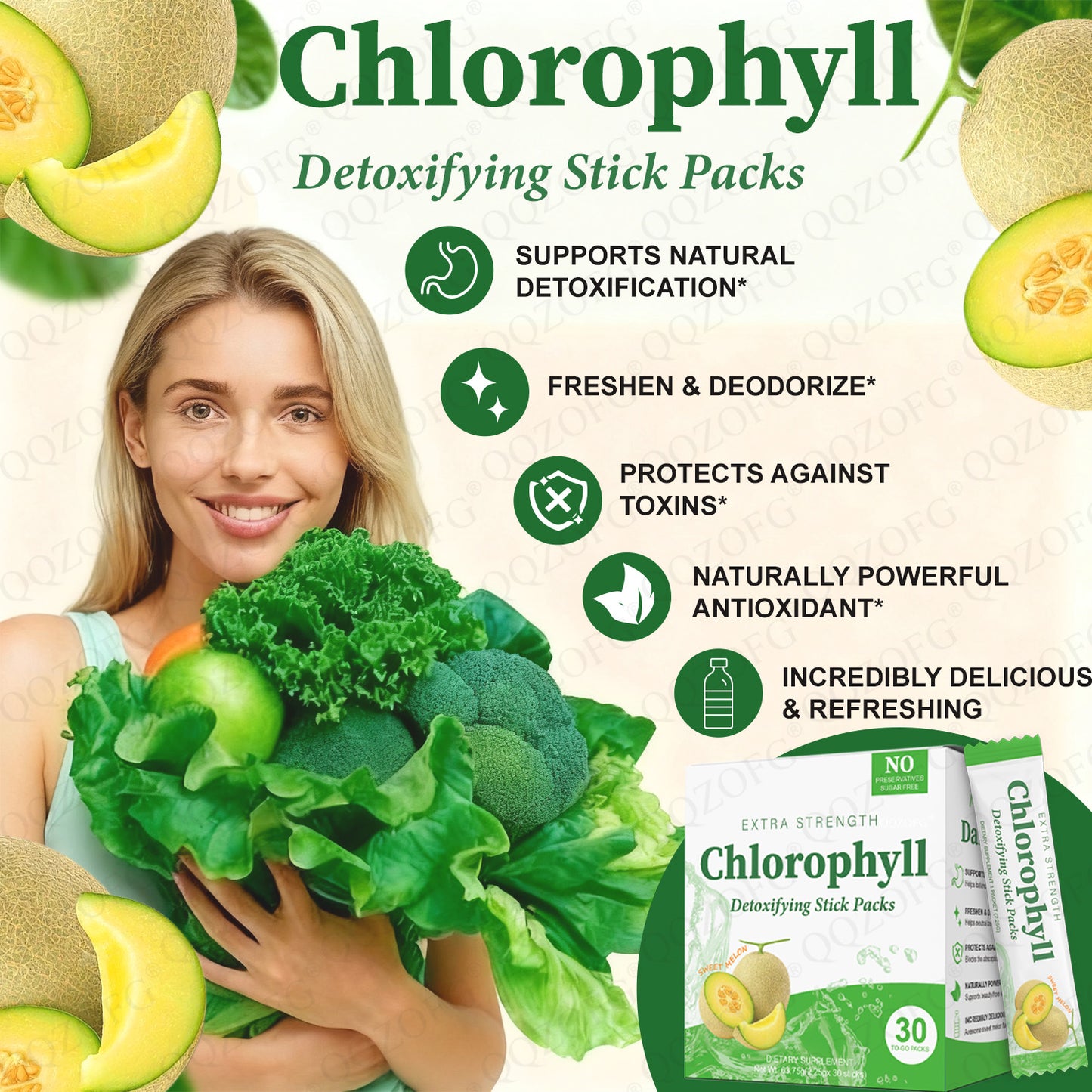 Chlorophyll Stick Pack Herbal Detox Supplement For Gut Health Super Green Powder Sweet Melon Flavor