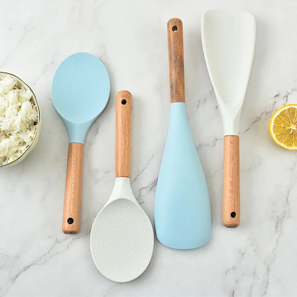 1PC Vertical Wooden Handle Silicone Kitchen Utensils Non Stick Pots Cooking Shovels Spoons Kitchen Utensils
