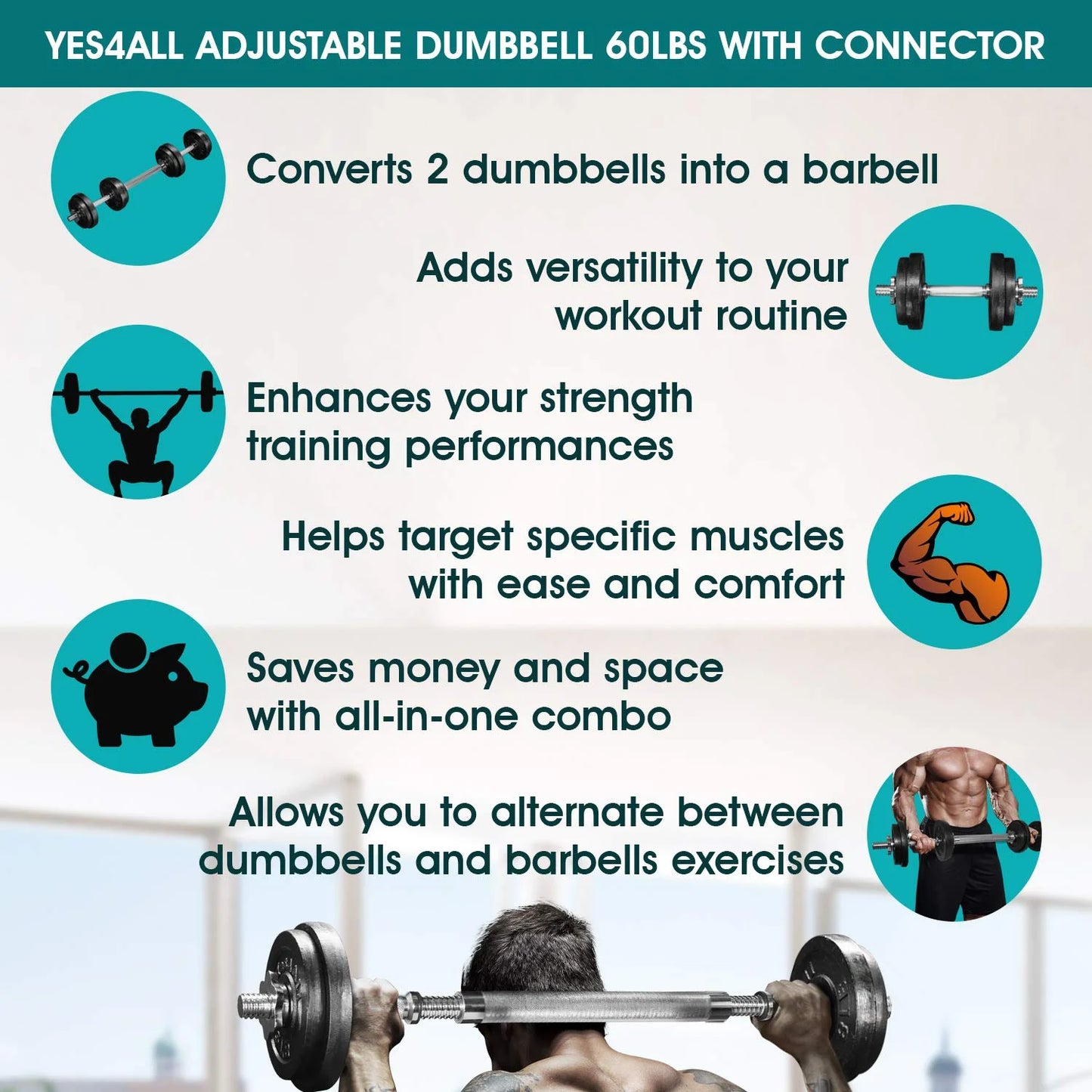 Adjustable Dumbbell, 60 Lbs with Connector