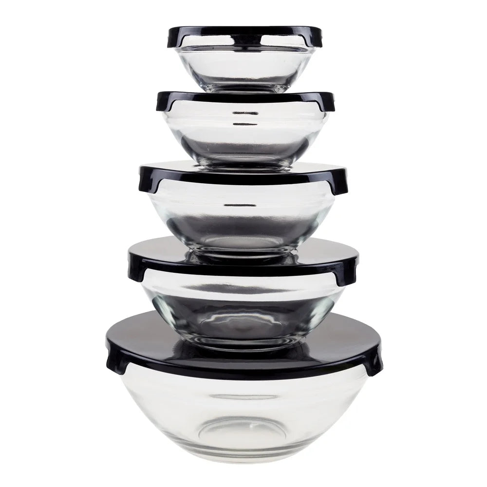 10 Piece Glass Storage Containers with Snap Lids Mixing Bowls Kitchen Prep Food Safe Reusable Space Efficient Dishwasher Safe