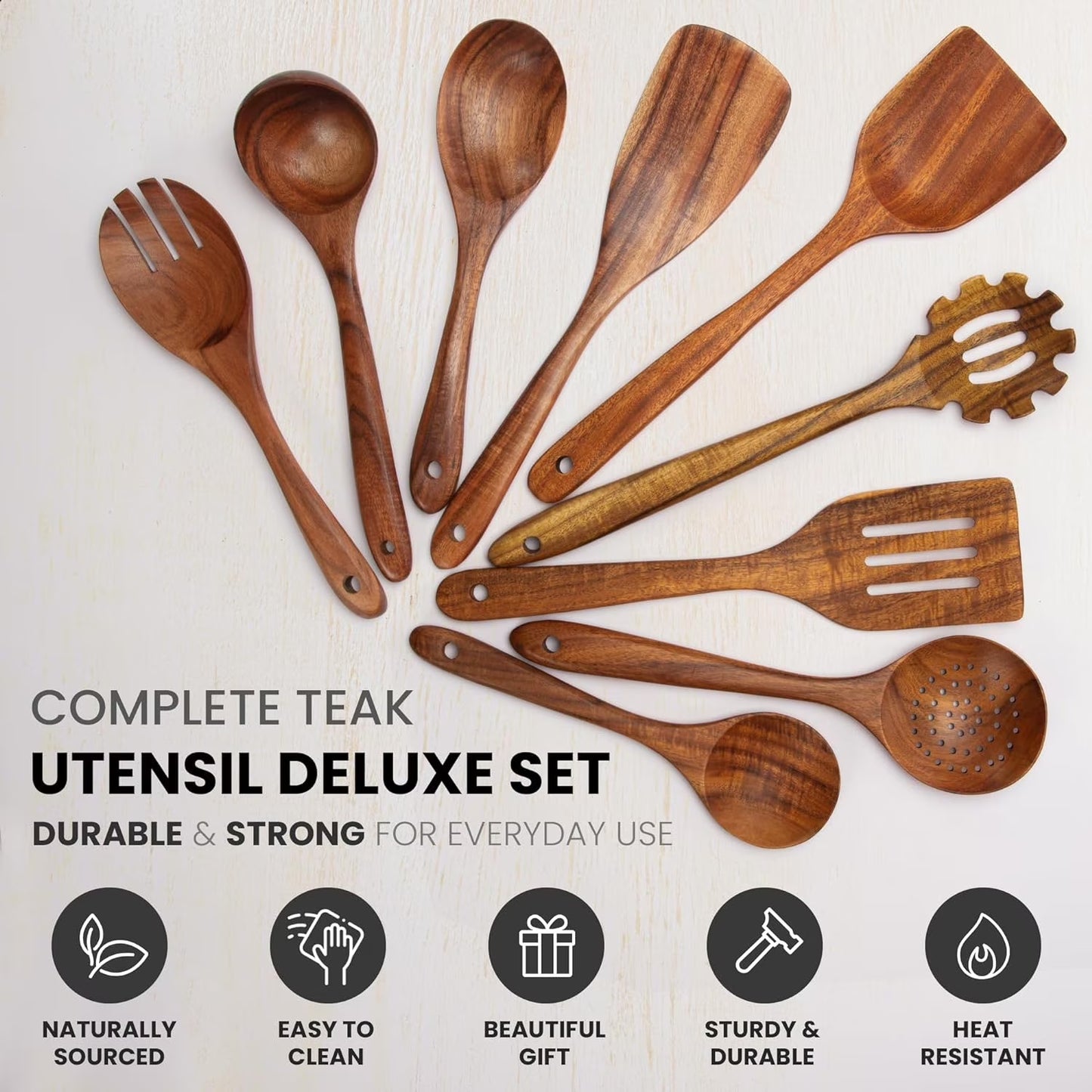 Natural Teak Wood Kitchen Utensils Set, 9 Piece Thickened Wooden Spoons and Spatula for Cooking, Non-Stick Heat Resistant Cookware, Brown