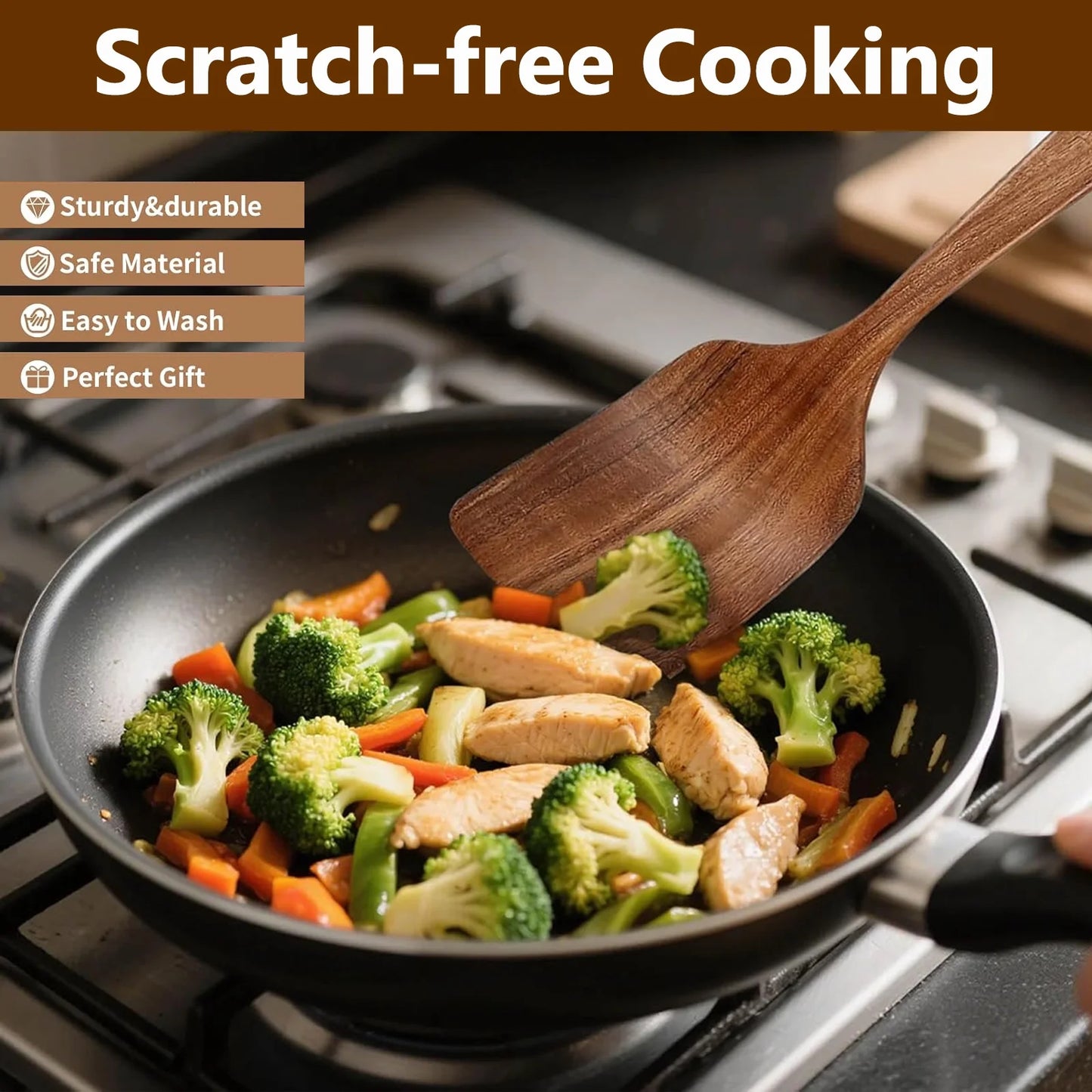 Wooden Spoons for Cooking, Non-Stick Teak Wooden Cooking Utensils Set with Hooks, Wooden Kitchen Utensils for Everyday Baking,Cooking
