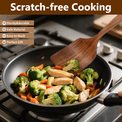 Wooden Spoons for Cooking, Non-Stick Teak Wooden Cooking Utensils Set with Hooks, Wooden Kitchen Utensils for Everyday Baking,Cooking