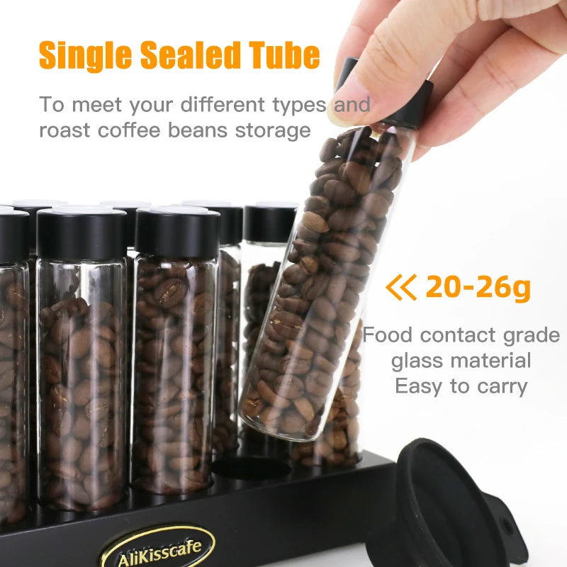 Coffee Beans Storage Container Glass Tube Bottle with Breathable Lid Wooden Display Rack Barista Accessories Coffeware Sets Gift