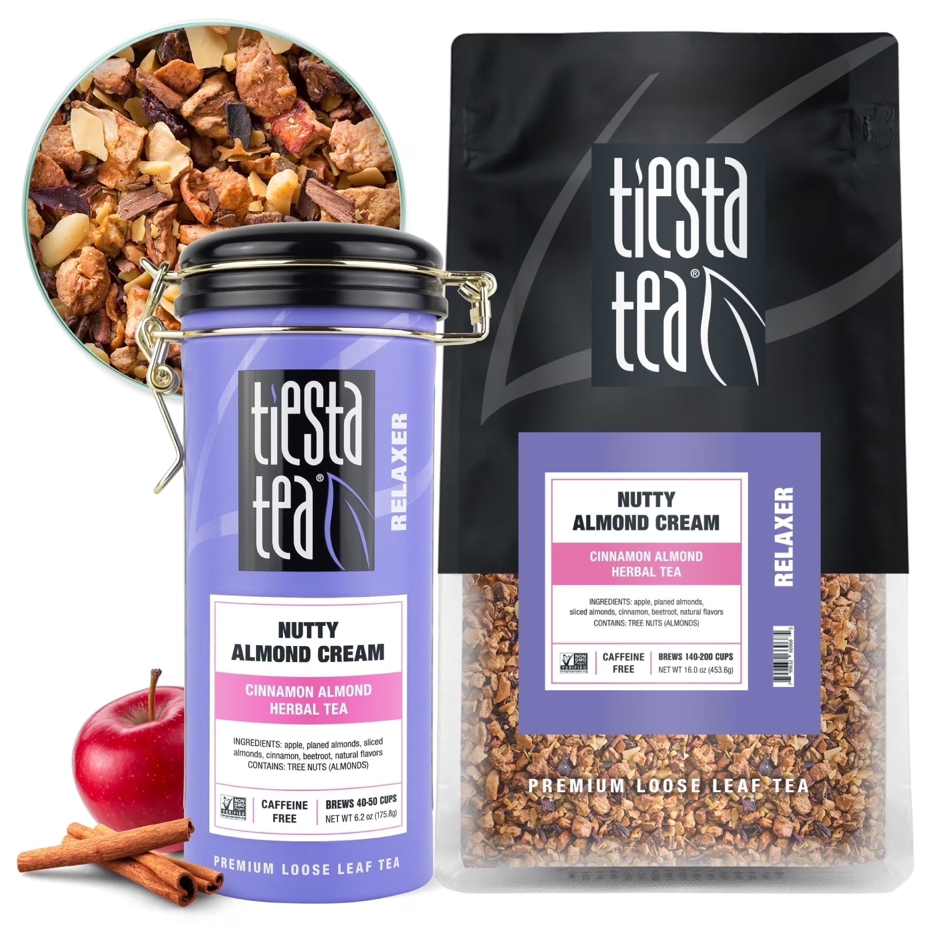 - Nutty Almond Cream, Relaxer Loose Leaf Fruit Tea, Caffeine Free, Gmo-Free, Make Hot or Iced Tea & Brews up to 50 Cups - 16Oz Bulk Pouch & 6.2Oz Refillabletin Combo