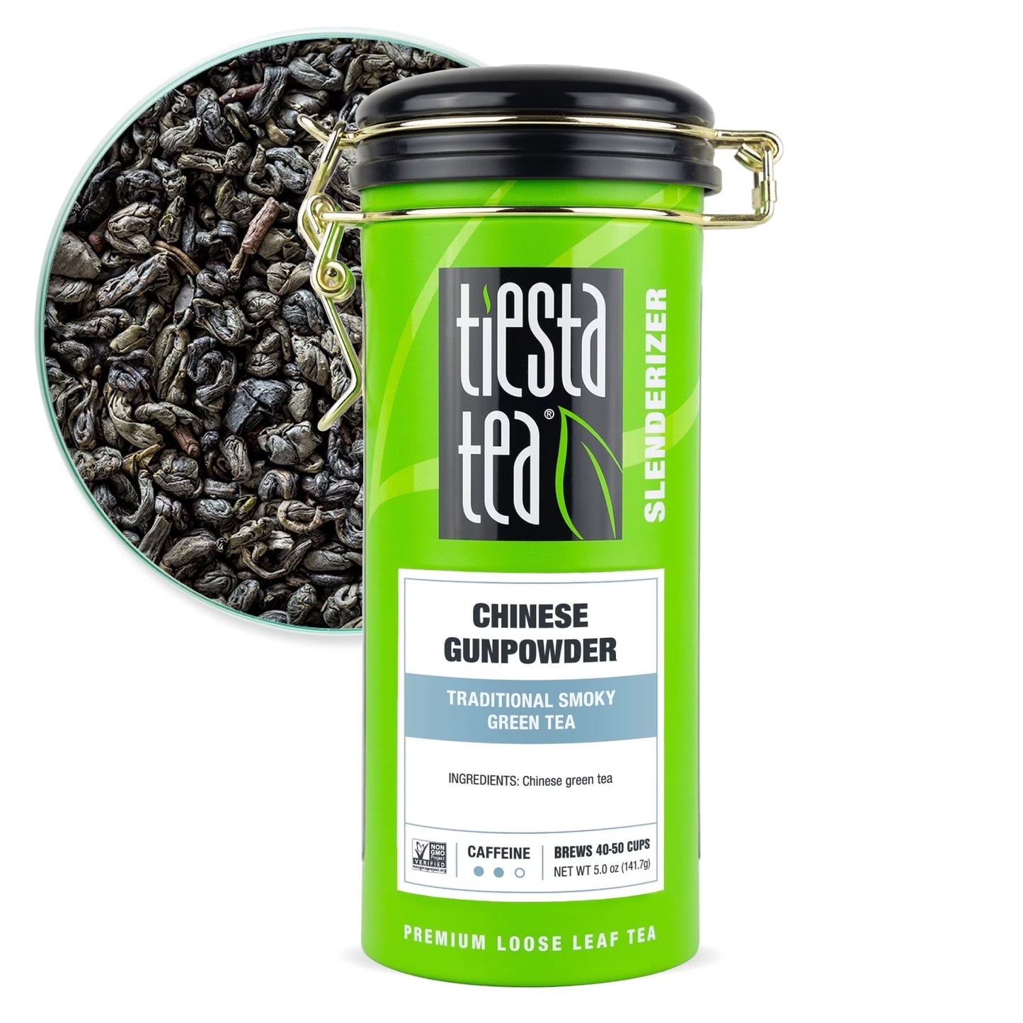 - Chinese Gunpowder, Slenderizer Loose Leaf Green Tea, Traditional Smoky Green Tea, Medium Caffeine, Gmo-Free, Make Hot or Iced Tea & Brews up to 50 Cups - 5 Ounce Refillable Tin