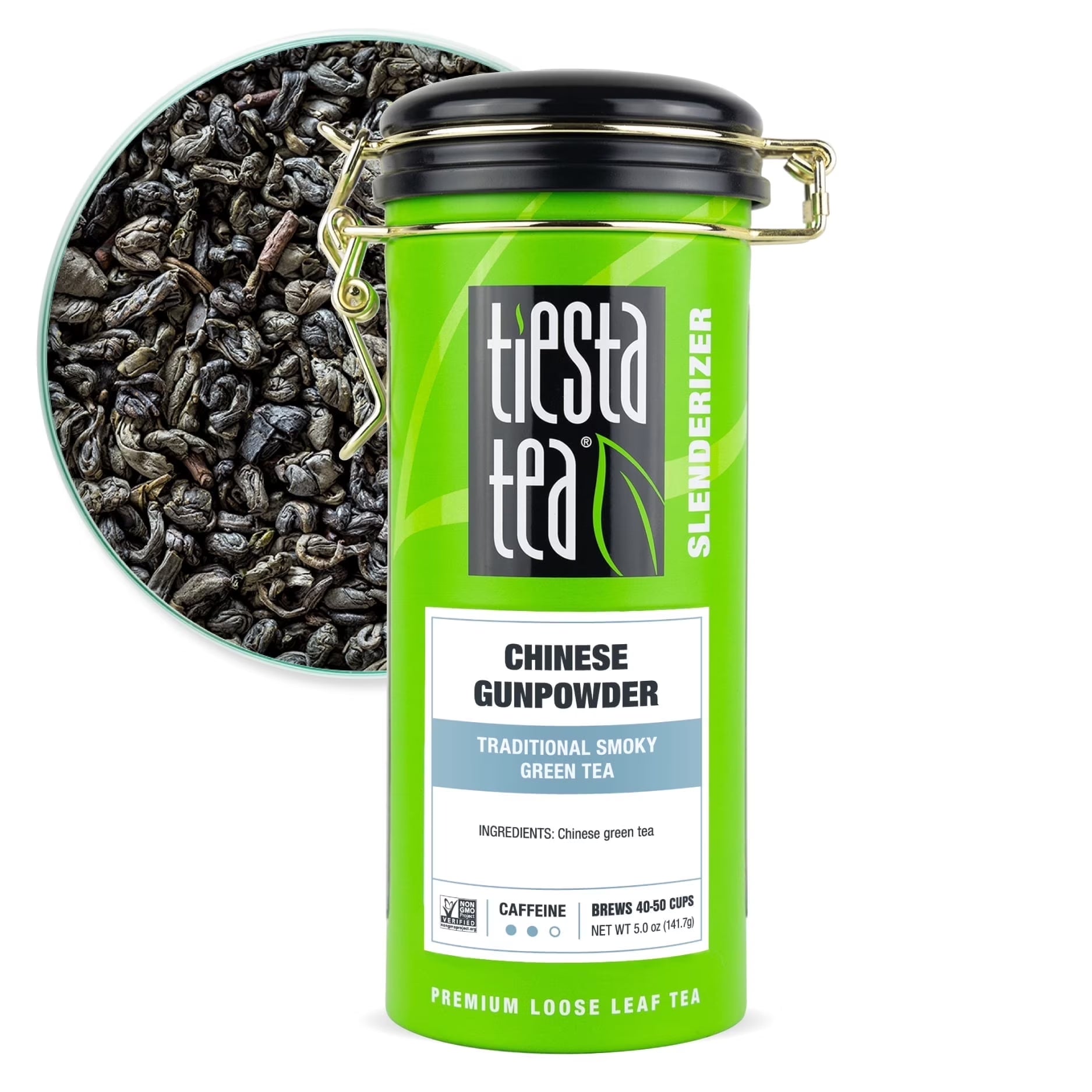 - Chinese Gunpowder, Slenderizer Loose Leaf Green Tea, Traditional Smoky Green Tea, Medium Caffeine, Gmo-Free, Make Hot or Iced Tea & Brews up to 50 Cups - 5 Ounce Refillable Tin