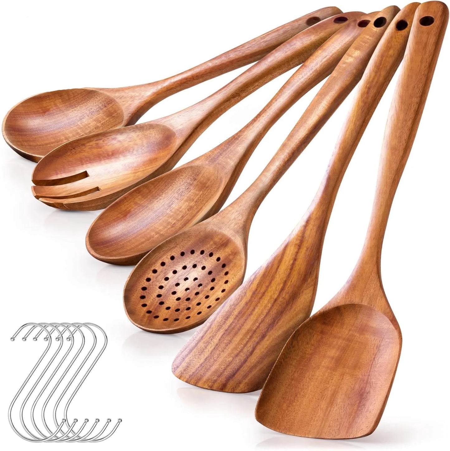 Wooden Spoons for Cooking, Non-Stick Teak Wooden Cooking Utensils Set with Hooks, Wooden Kitchen Utensils for Everyday Baking,Cooking