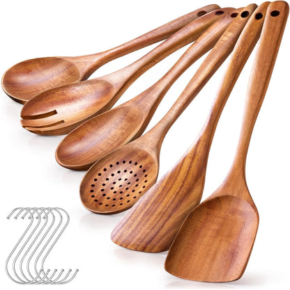 Wooden Spoons for Cooking, Non-Stick Teak Wooden Cooking Utensils Set with Hooks, Wooden Kitchen Utensils for Everyday Baking,Cooking