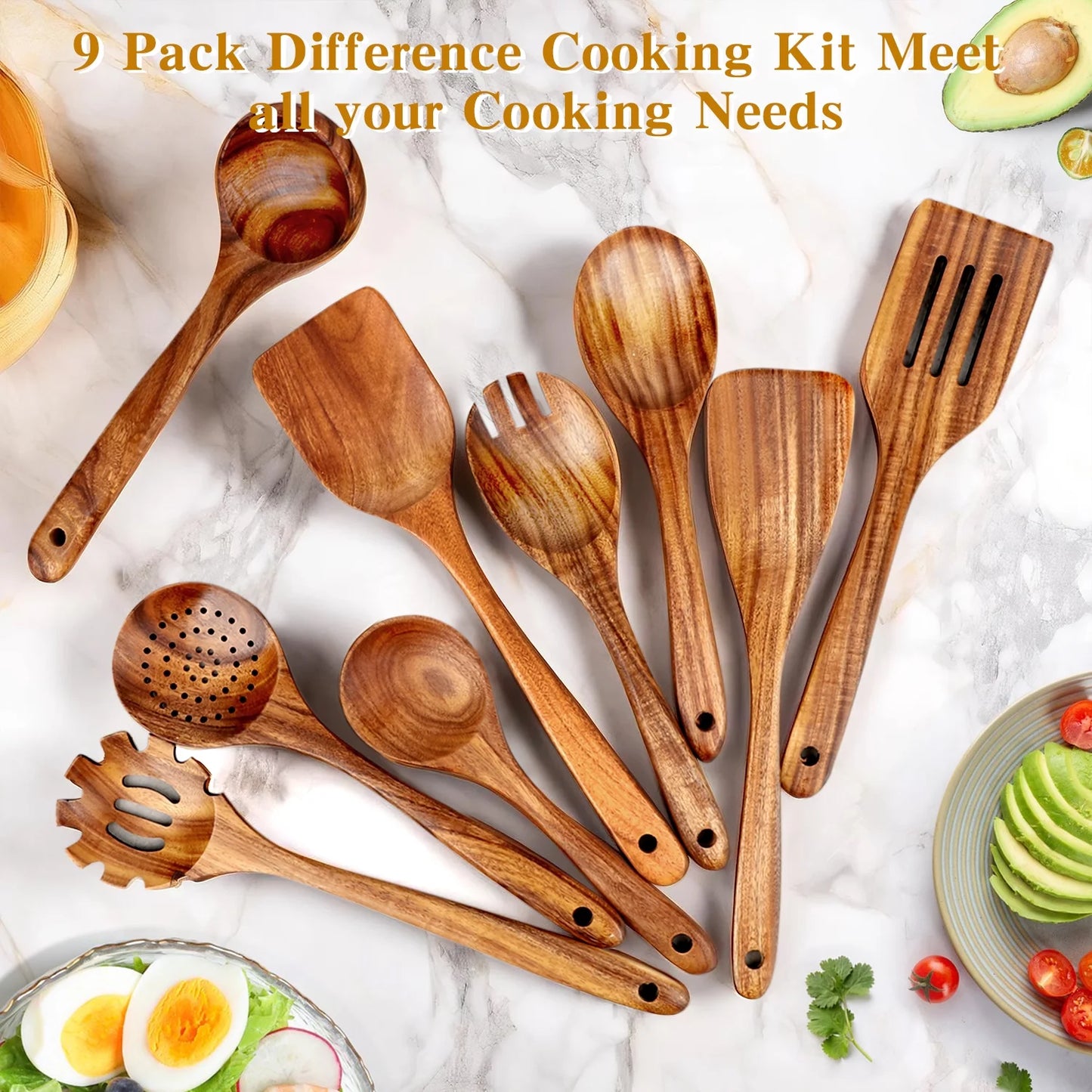 Natural Teak Wood Kitchen Utensils Set, 9 Piece Thickened Wooden Spoons and Spatula for Cooking, Non-Stick Heat Resistant Cookware, Brown