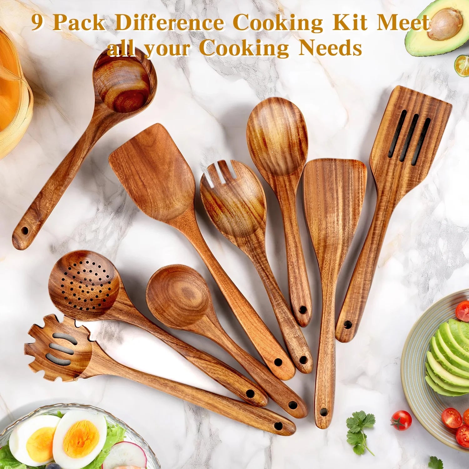 Natural Teak Wood Kitchen Utensils Set, 9 Piece Thickened Wooden Spoons and Spatula for Cooking, Non-Stick Heat Resistant Cookware, Brown