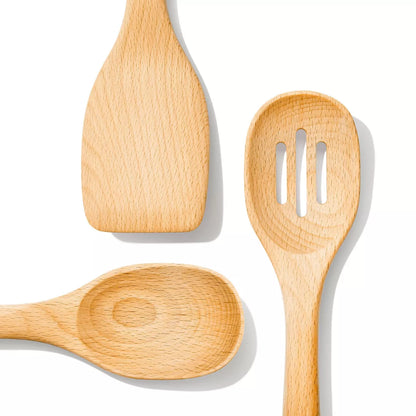 OXO 3Pc Wooden Utensil Set: Turner, Spoon & Slotted Spoon for Cooking & Kitchen Use, Hand Wash, Adult, Brown