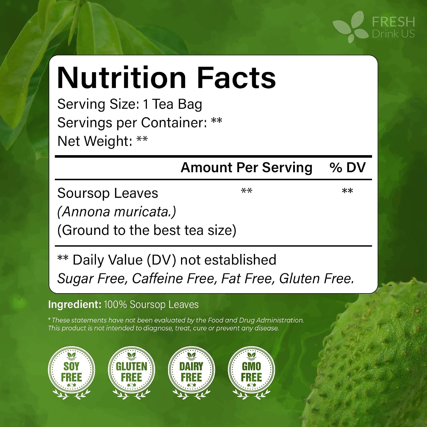 , Premium 75 Soursop Graviola Leaf Tea Bags, 100% Natural and Pure from Soursop Leaves, Handmade, Made with Natural Materials-Corn Fiber Tea Bag, Sugar/ Caffeine/ Gluten Free, Hoja Guanabana Tea