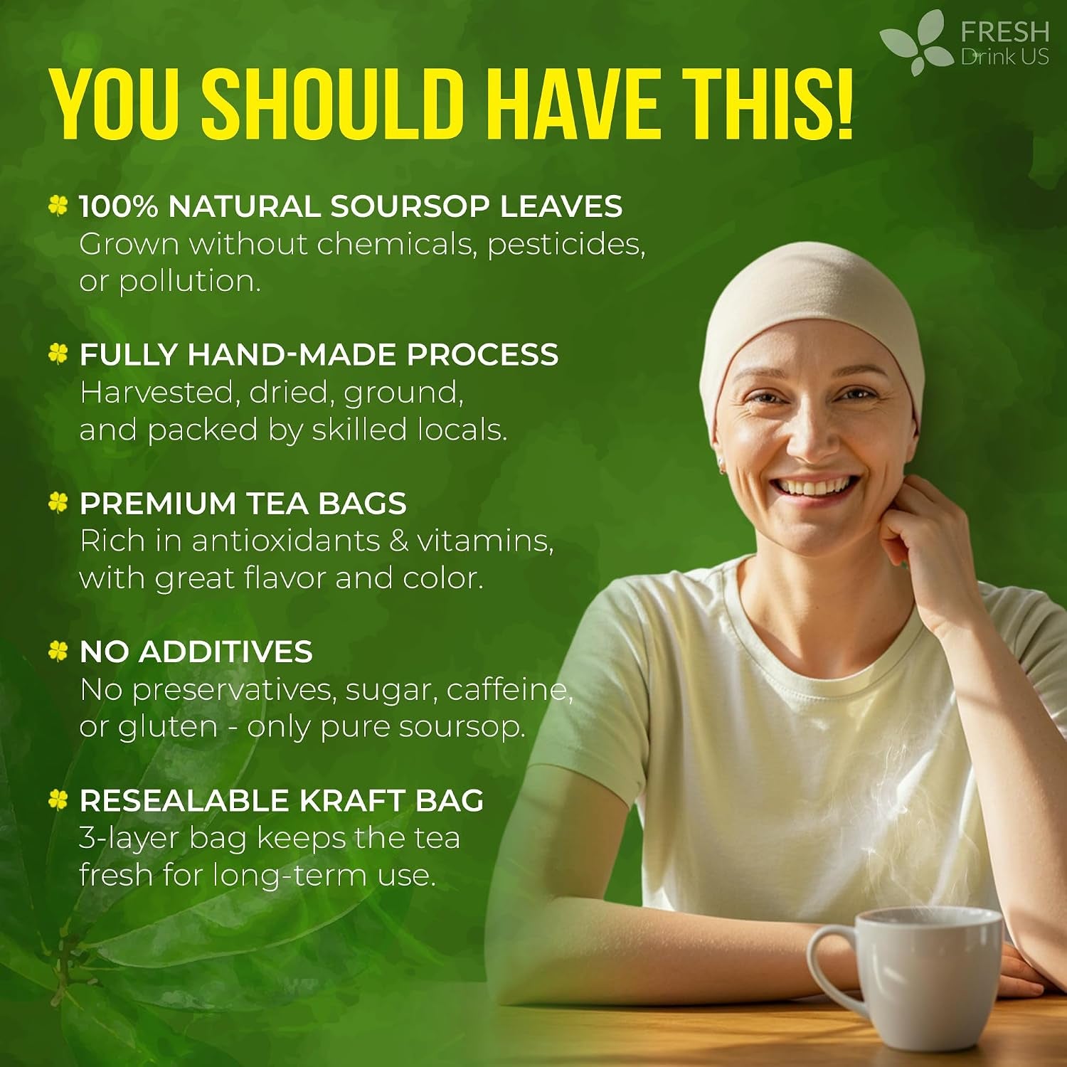 , Premium 75 Soursop Graviola Leaf Tea Bags, 100% Natural and Pure from Soursop Leaves, Handmade, Made with Natural Materials-Corn Fiber Tea Bag, Sugar/ Caffeine/ Gluten Free, Hoja Guanabana Tea
