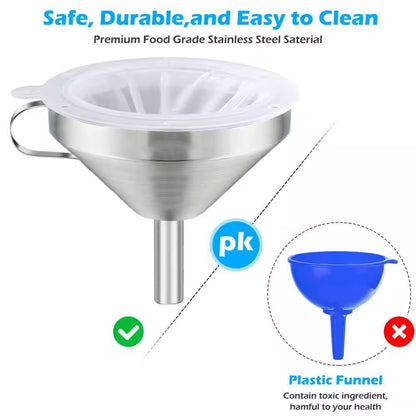 Stainless Steel Funnel with Strainer and 200 Mesh Filter Food Grade Oil Strainer Set of 7 for Kitchen Use