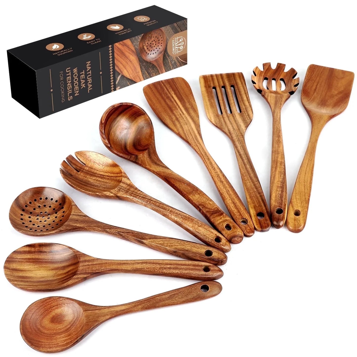Natural Teak Wood Kitchen Utensils Set, 9 Piece Thickened Wooden Spoons and Spatula for Cooking, Non-Stick Heat Resistant Cookware, Brown