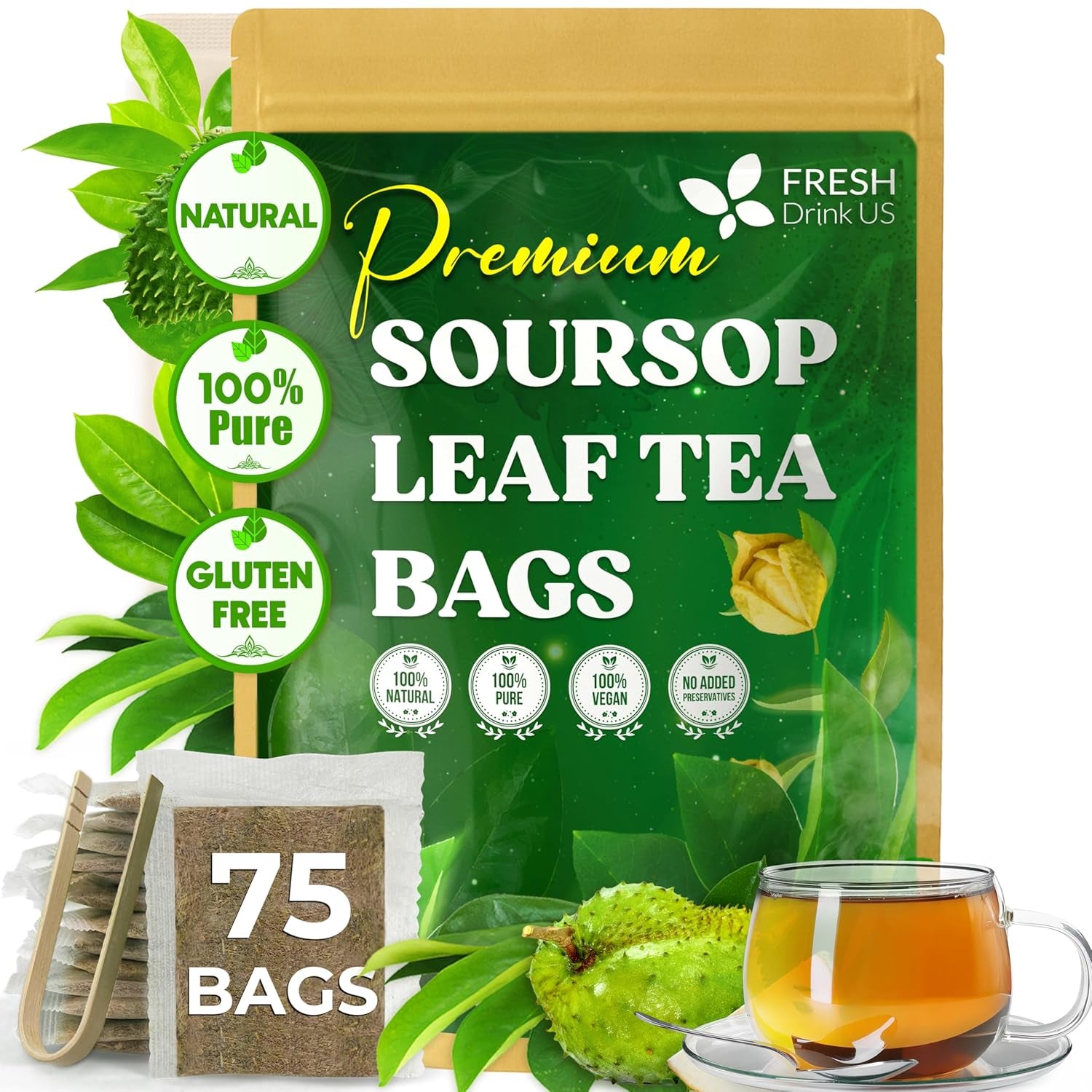, Premium 75 Soursop Graviola Leaf Tea Bags, 100% Natural and Pure from Soursop Leaves, Handmade, Made with Natural Materials-Corn Fiber Tea Bag, Sugar/ Caffeine/ Gluten Free, Hoja Guanabana Tea