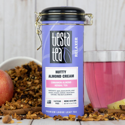 - Nutty Almond Cream, Relaxer Loose Leaf Fruit Tea, Caffeine Free, Gmo-Free, Make Hot or Iced Tea & Brews up to 50 Cups - 16Oz Bulk Pouch & 6.2Oz Refillabletin Combo
