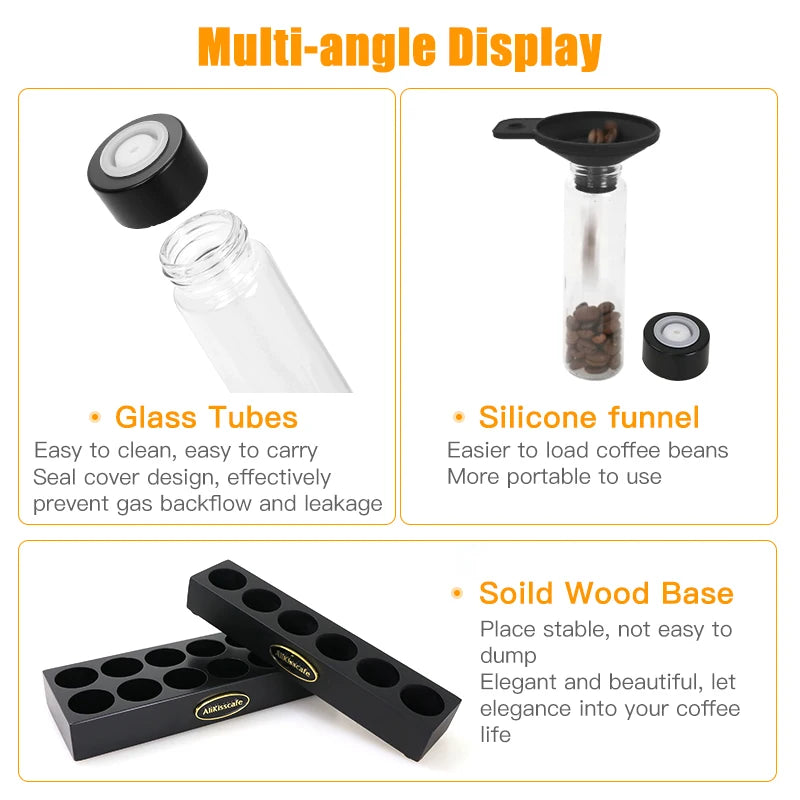 Coffee Beans Storage Container Glass Tube Bottle with Breathable Lid Wooden Display Rack Barista Accessories Coffeware Sets Gift