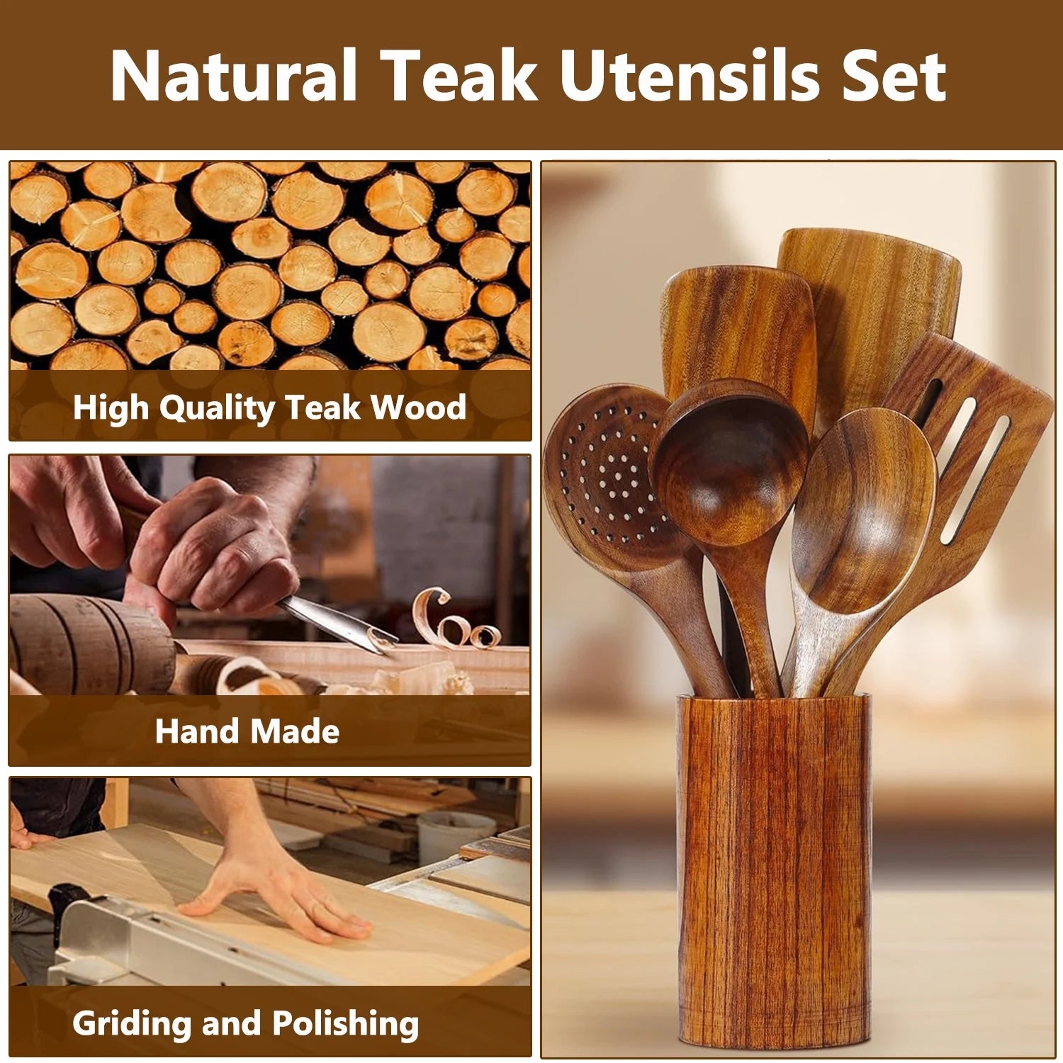 Wooden Spoons for Cooking, Non-Stick Teak Wooden Cooking Utensils Set with Hooks, Wooden Kitchen Utensils for Everyday Baking,Cooking
